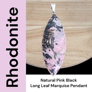 Hand Crafted Rhodonite Marquise Pendant Long Leaf Pink And Black